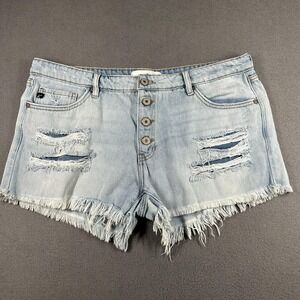 KanCan Shorts Juniors 13/30 Blue Distressed Button Fly Denim Cutoff Raw Hem